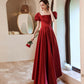 Red satin long A line prom dress red evening dress  10529