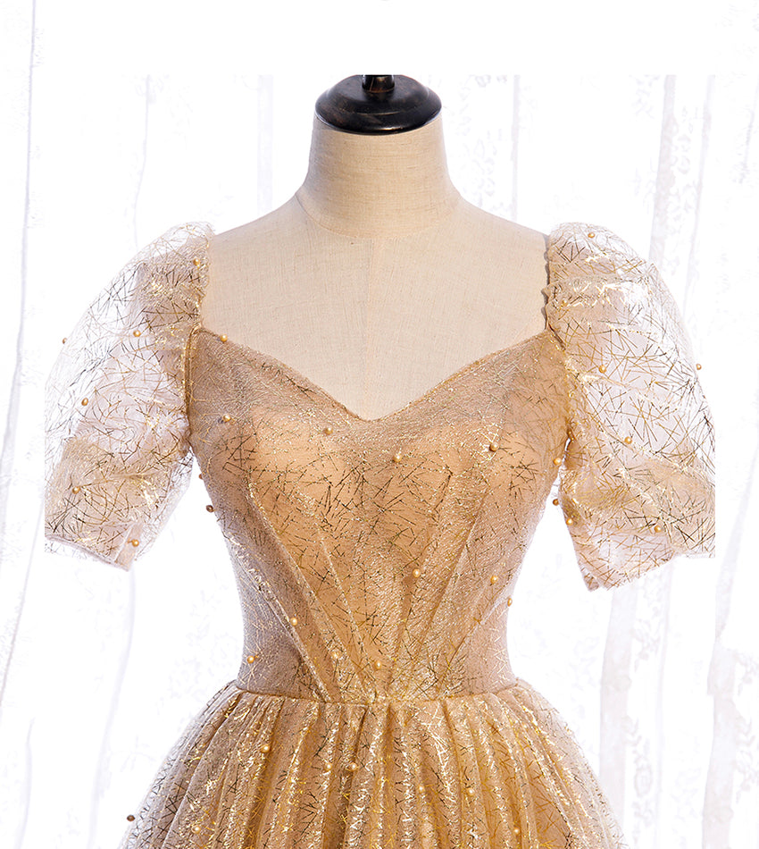 Gold Tüll Pailletten langes Ballkleid Abendkleid 8428