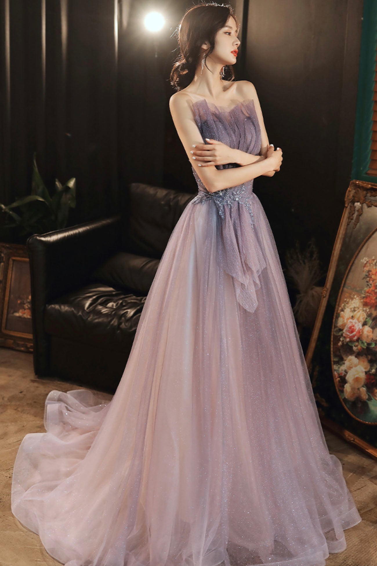 Robe de soirée longue en tulle violet à paillettes 10624