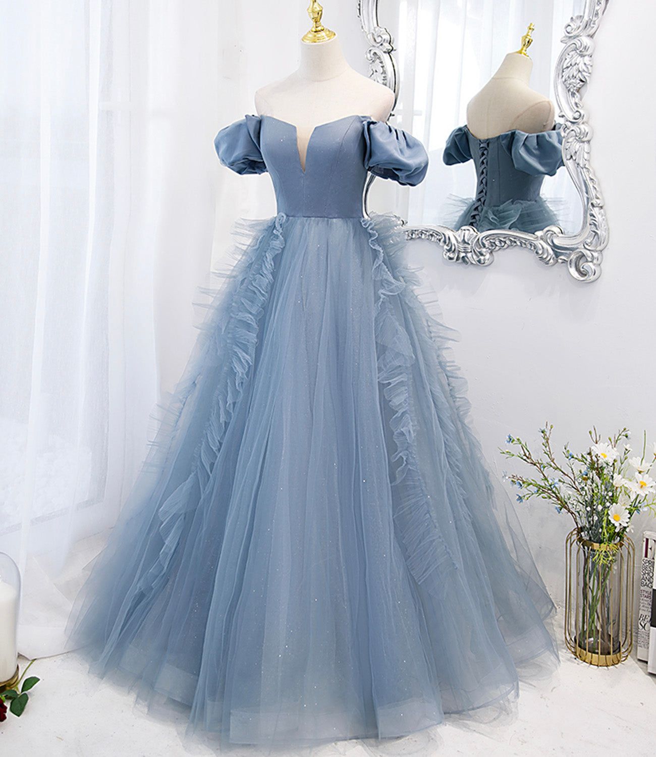 Blaues langes Ballkleid aus Tüll blaues Abendkleid 10151