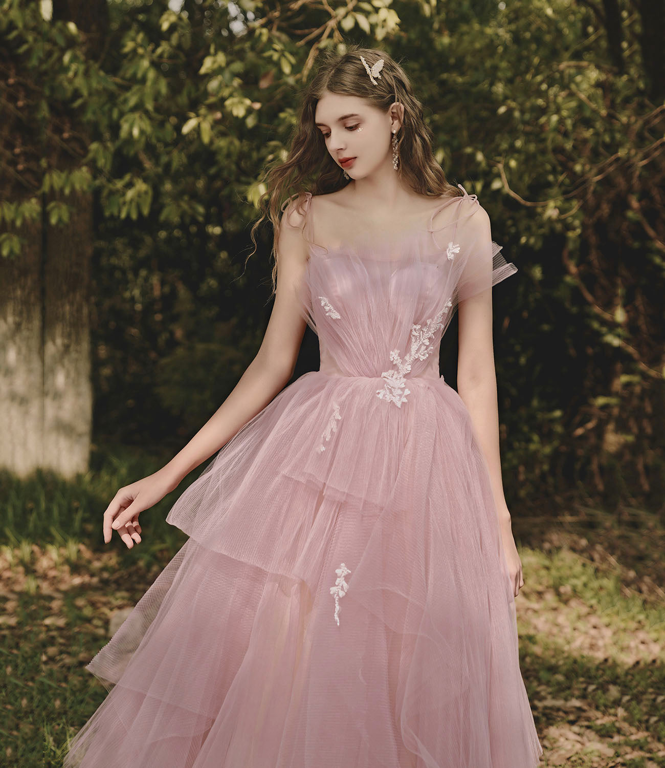 Rosa langes Ballkleid aus Tüllspitze Rosa Abendkleid 10188