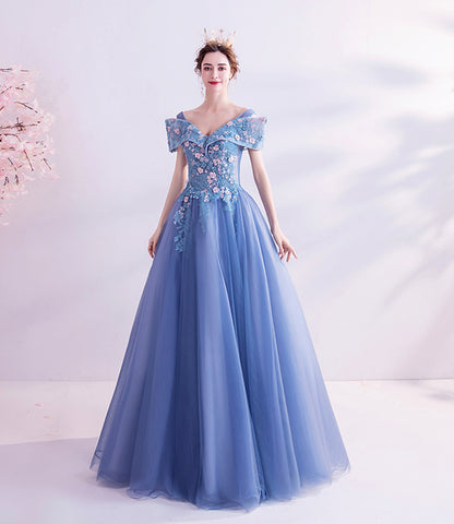 Robe de bal longue en tulle bleu et dentelle Robe de soirée trapèze 10455