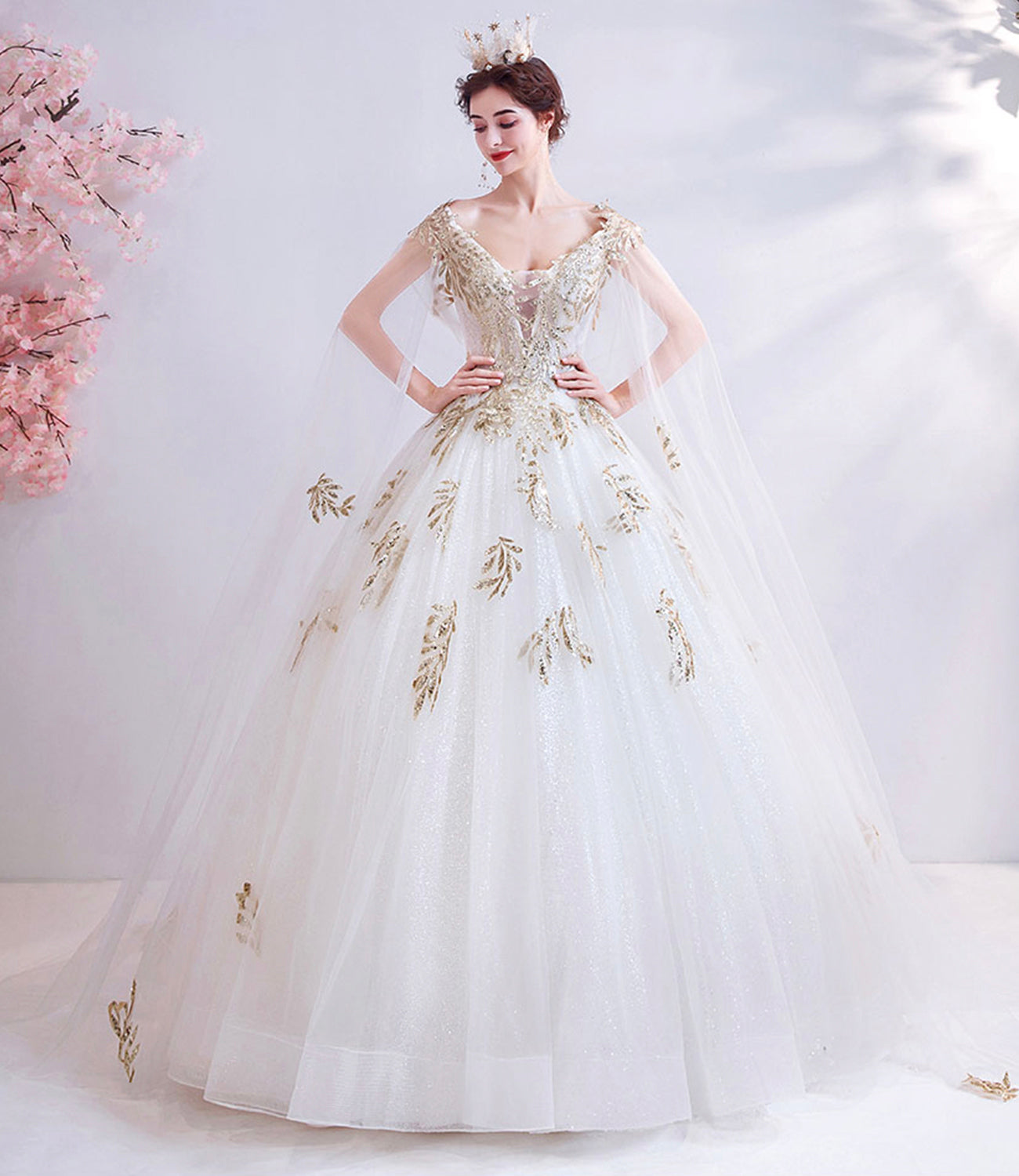 White tulle sequins long prom dress white evening dress  10537