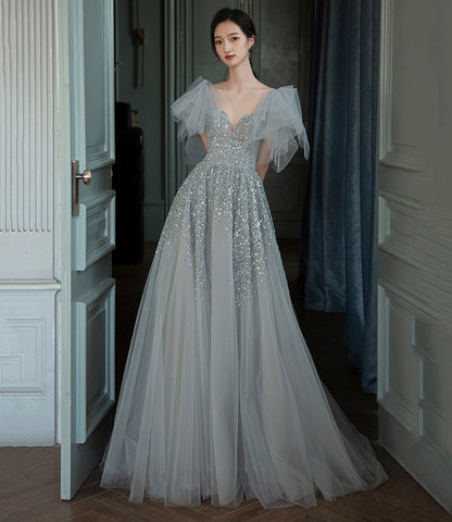 Langes Ballkleid aus grauem Tüll mit Pailletten A-Linie Abendkleid 10574
