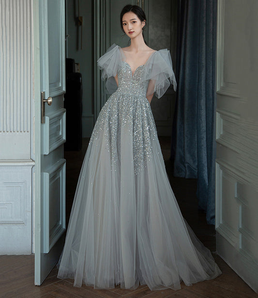 Langes Ballkleid aus grauem Tüll mit Pailletten A-Linie Abendkleid 10574