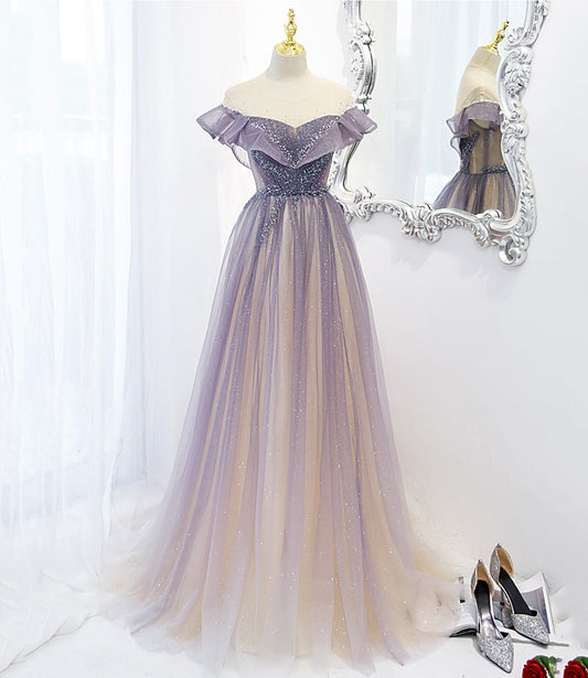 Lila Tüll langes A-Linie Ballkleid Abendkleid 8733