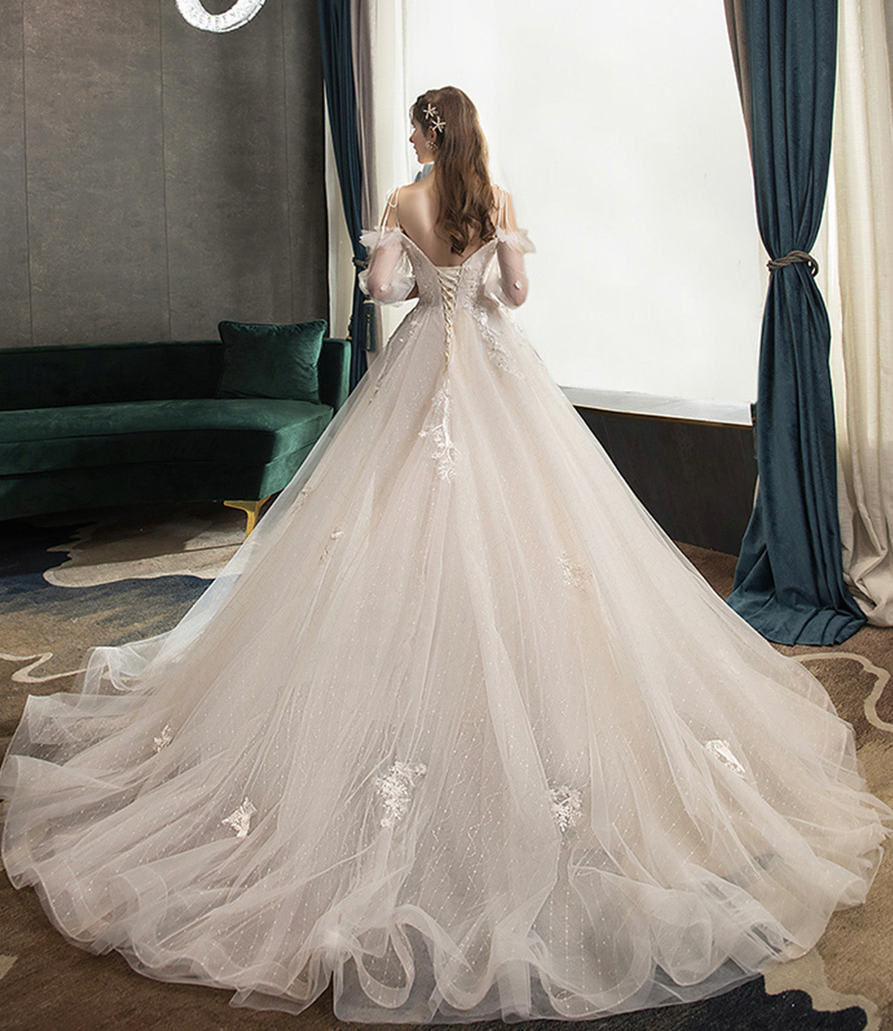 Robe de soirée longue en tulle et dentelle mignonne Robe de soirée trapèze 10573