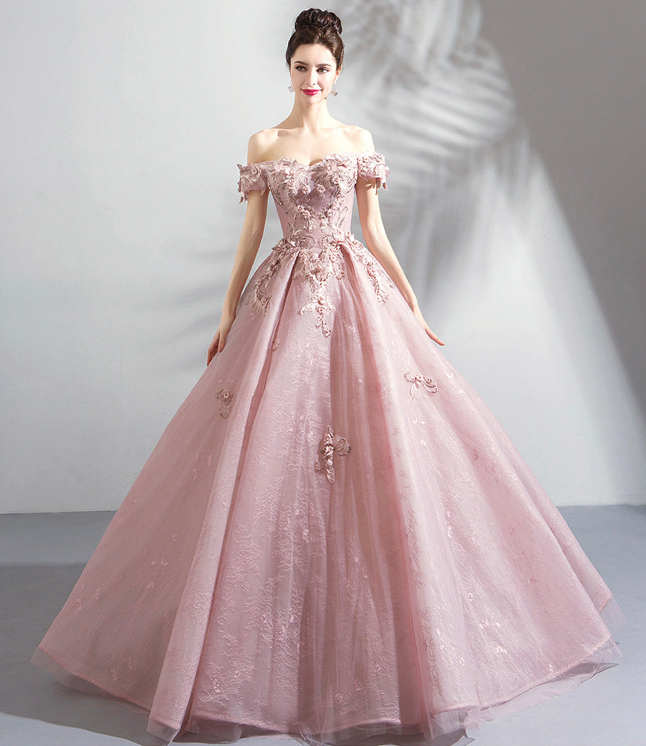 Rosa Tüll Spitze langes Ballkleid A-Linie Abendkleid 10359