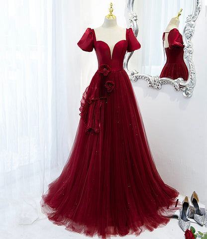 Burgund Satin Tüll langes Ballkleid Abendkleid 10598