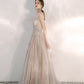 Champagner Tüll Pailletten langes Ballkleid A-Linie Abendkleid 10472