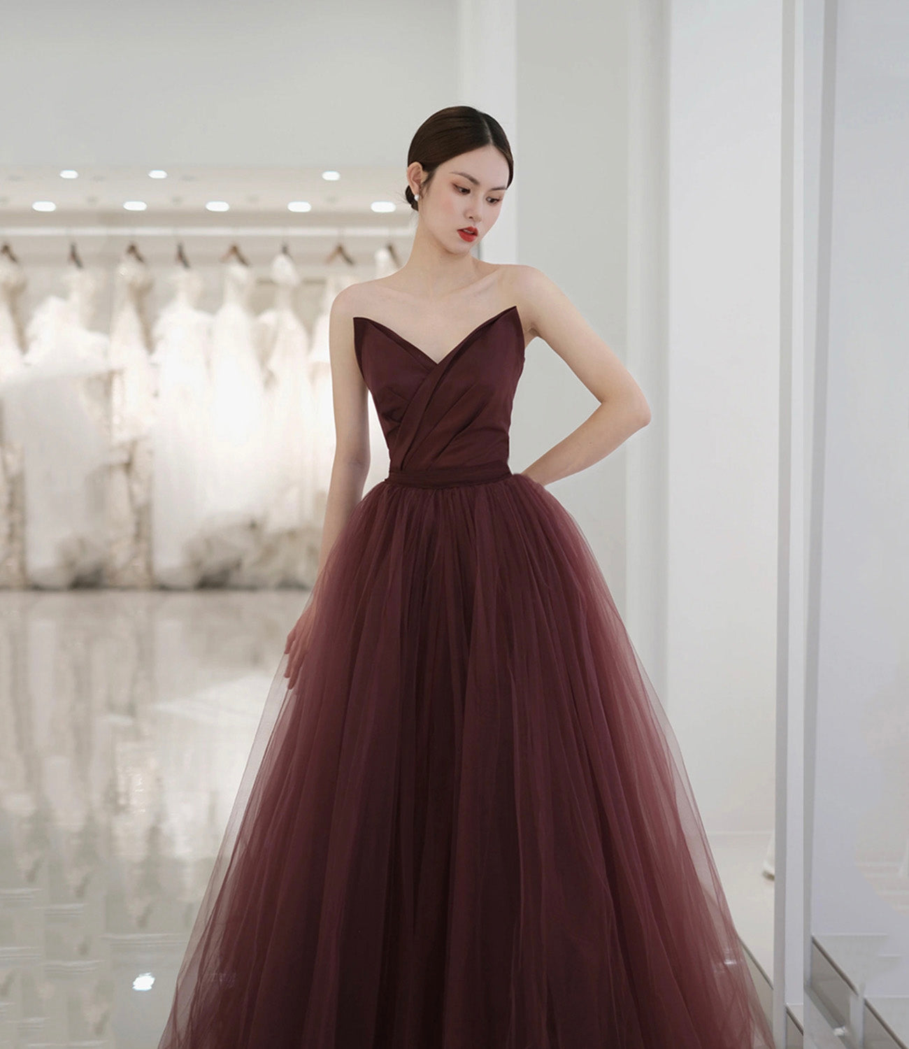 Cute tulle long prom dress A line evening gown  10561