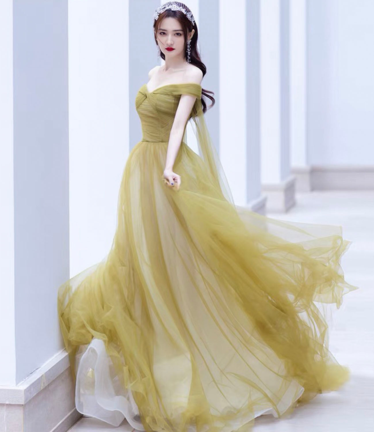 Cute tulle long prom dress A line evening gown  10337