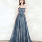 Blue tulle beads long prom dress A line evening dress  10549