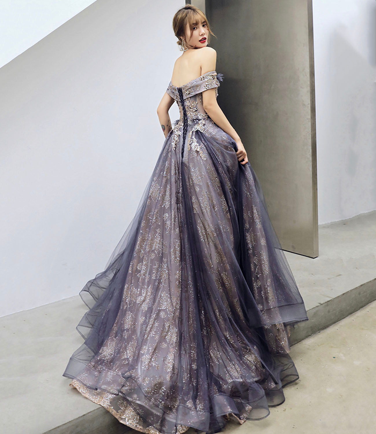 Robe de soirée longue en tulle violet à paillettes Robe de soirée trapèze 10204