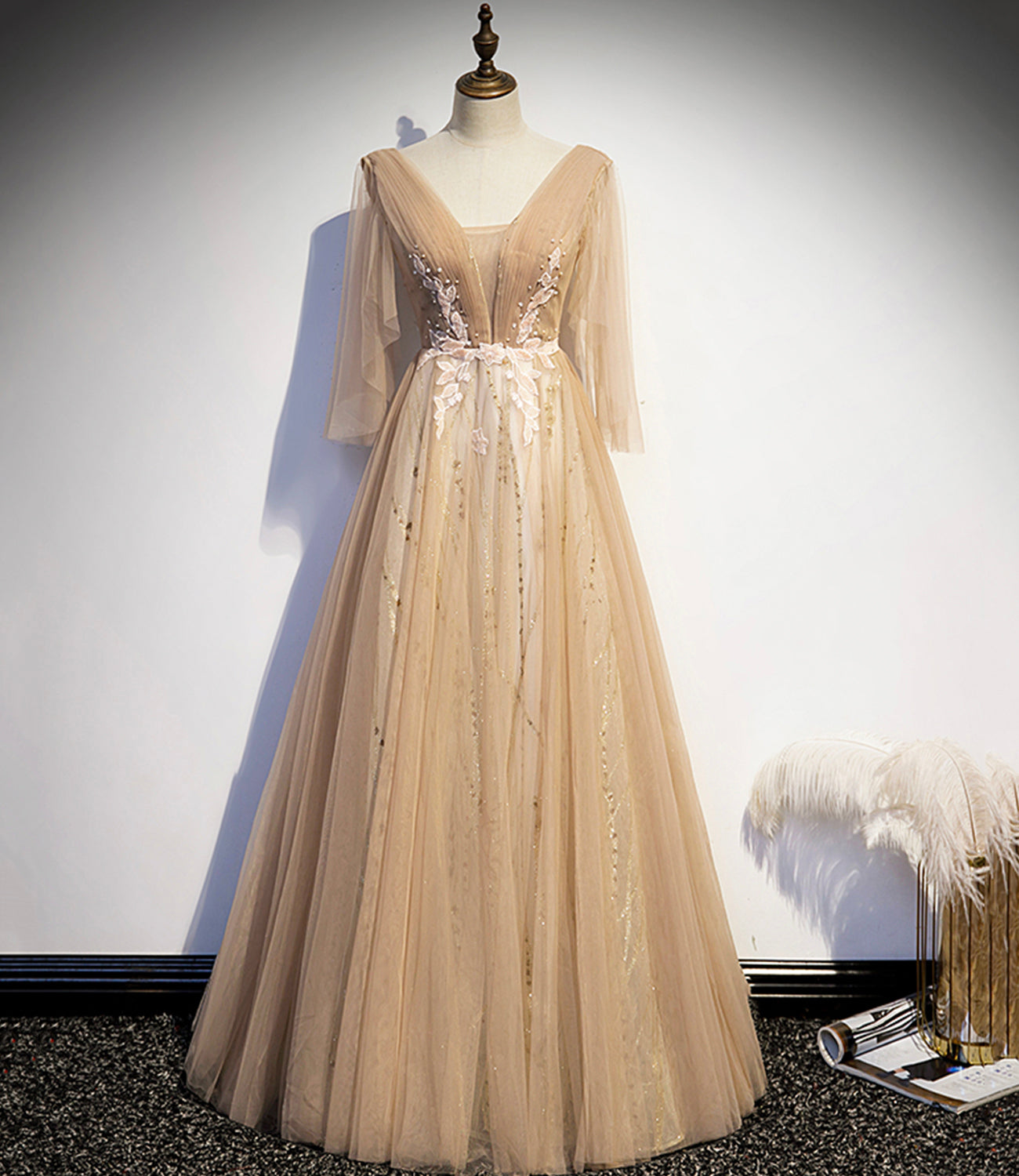 Champagne v neck lace long prom dress A line evening dress  8595