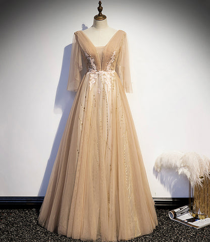 Champagne v neck lace long prom dress A line evening dress  8595