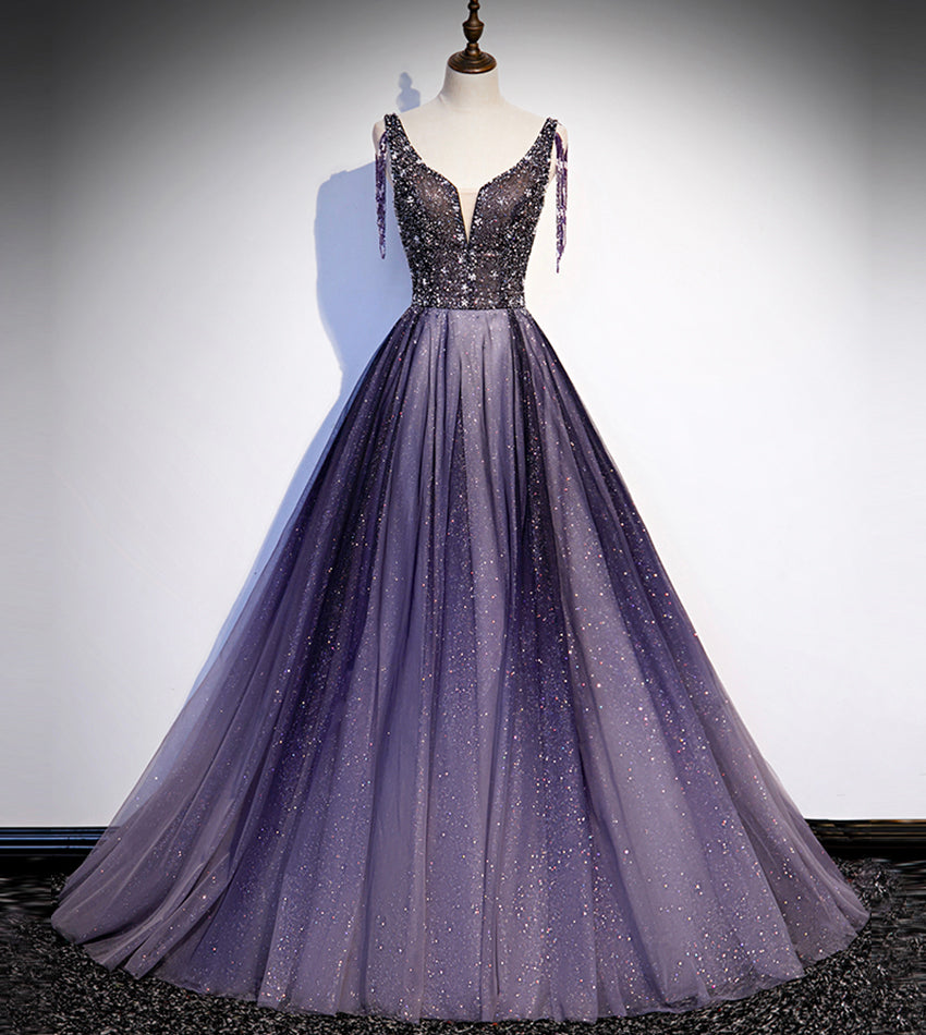 Lila V-Ausschnitt Tüll Perlen langes Ballkleid Abendkleid 8556