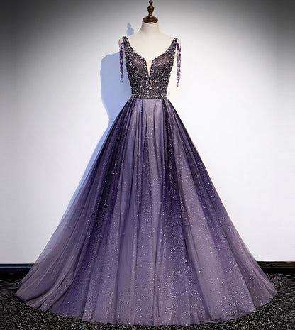 Lila V-Ausschnitt Tüll Perlen langes Ballkleid Abendkleid 8556