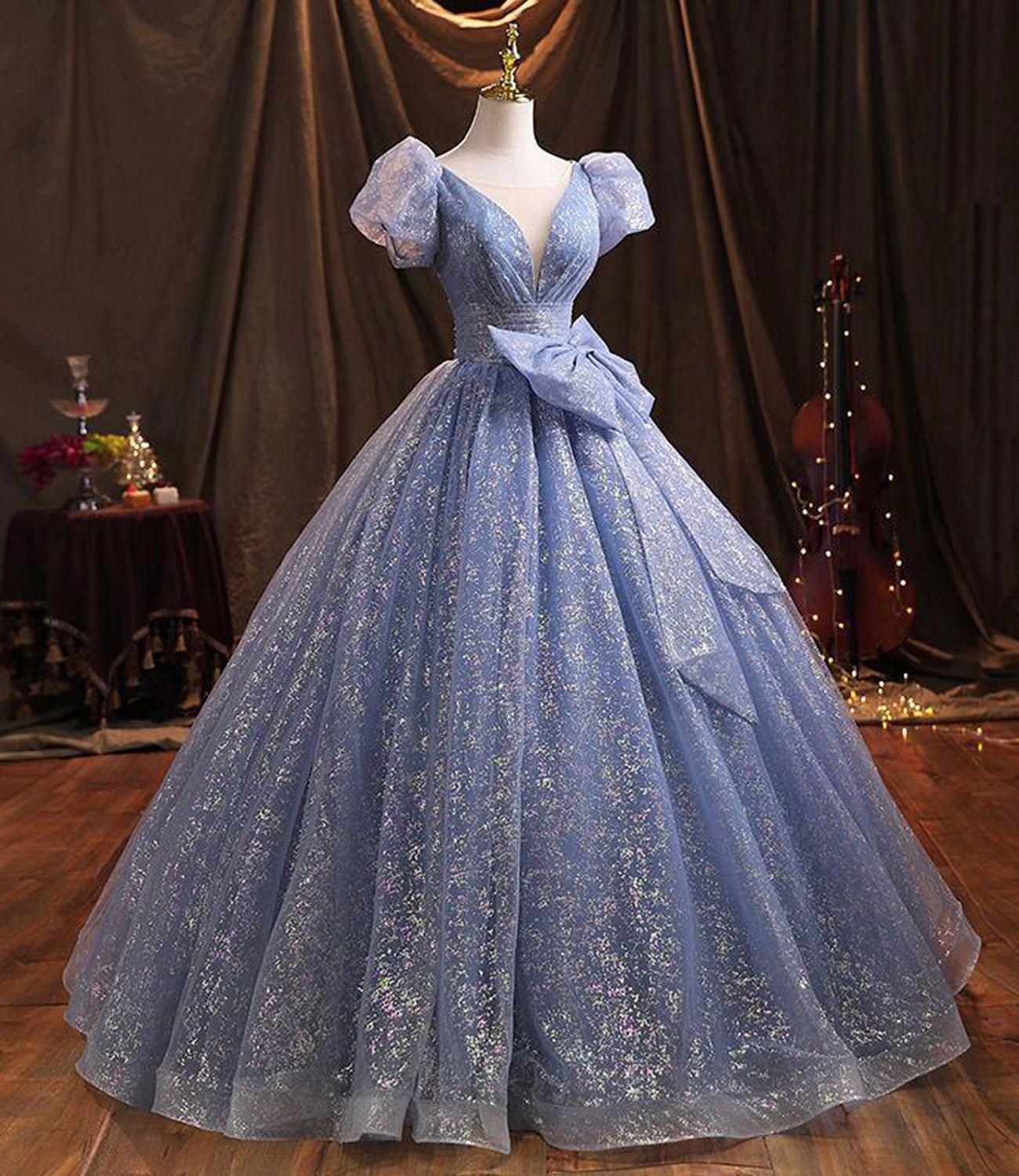 Robe de soirée longue en tulle bleu Robe de soirée trapèze 10229