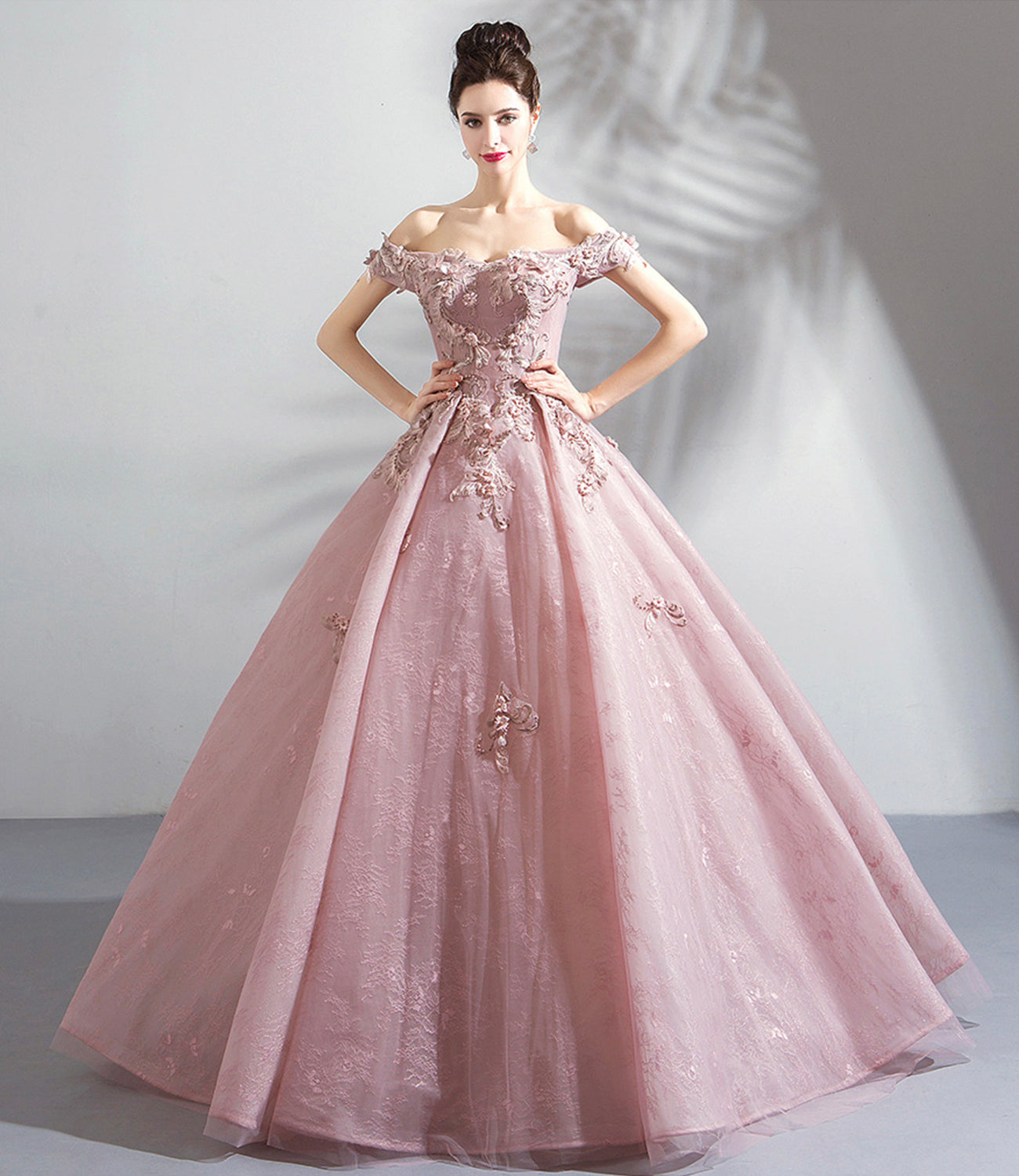Rosa Tüll Spitze langes Ballkleid A-Linie Abendkleid 10359