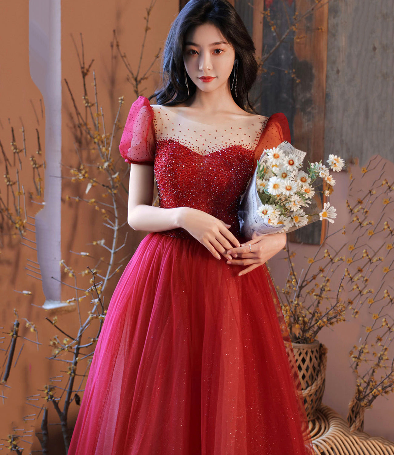 Burgund Tüll Perlen langes Ballkleid Abendkleid 10214