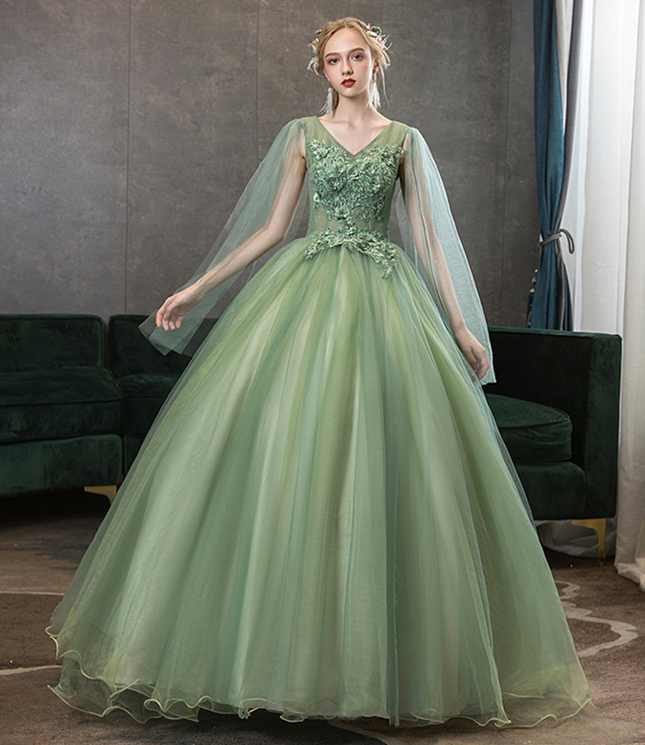 Langes Ballkleid aus grüner Tüllspitze A-Linie Abendkleid 10342