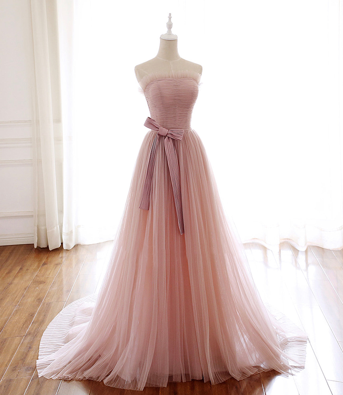 Robe de bal longue en tulle rose, robe de soirée rose 8584