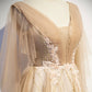 Champagne v neck lace long prom dress A line evening dress  8595