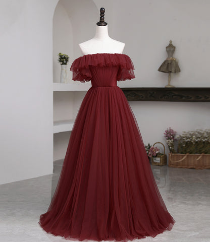 Burgund Tüll langes Ballkleid A-Linie Abendkleid 10503