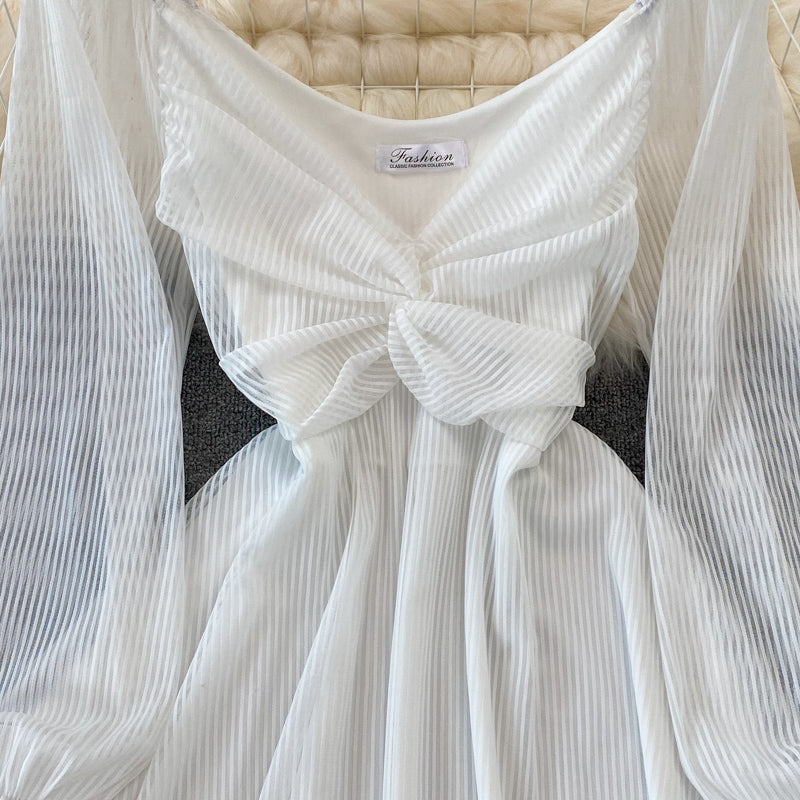White V Neck Short Dress A Line Long Sleeve Dress  10819