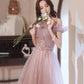 Pink tulle sequins long prom dress pink evening dress  10452