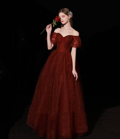 Burgund Tüll langes Ballkleid A-Linie Abendkleid 10439