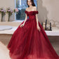 Burgundy tulle beads long prom dress evening dress  10584