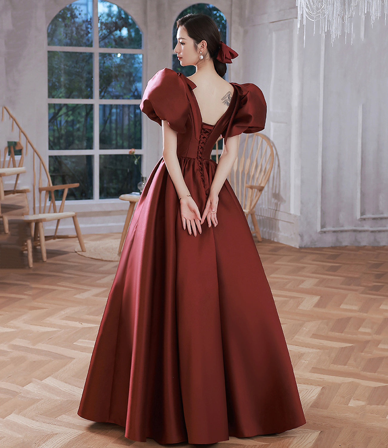 Burgundy v neck satin long prom gown A line formal gown  10212