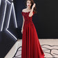 Burgundy satin lace long prom dress A line evening dress  10565