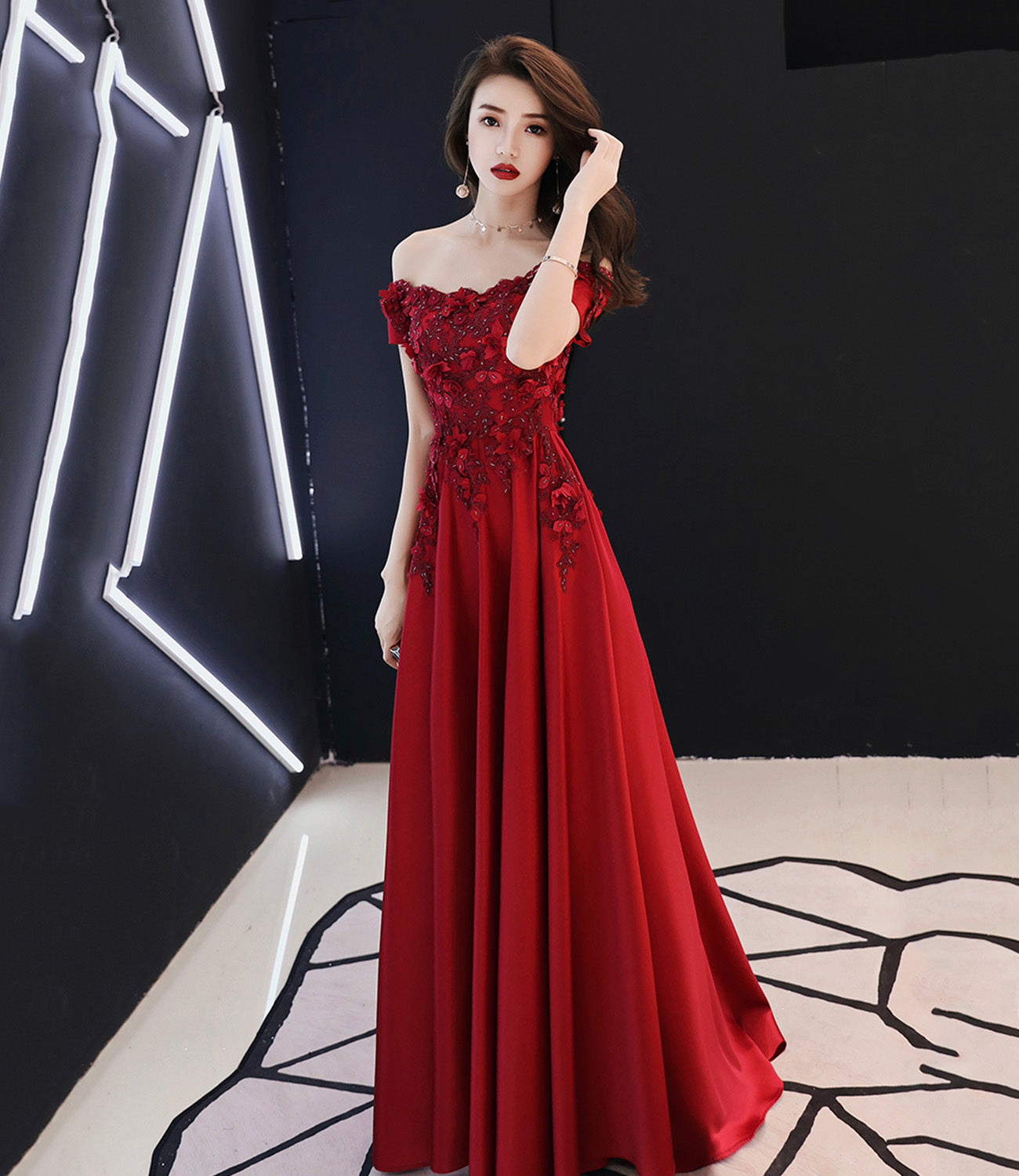 Burgundy satin lace long prom dress A line evening dress  10565