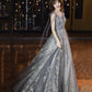 Langes Ballkleid aus grauem Tüll mit Pailletten A-Linie Abendkleid 10436