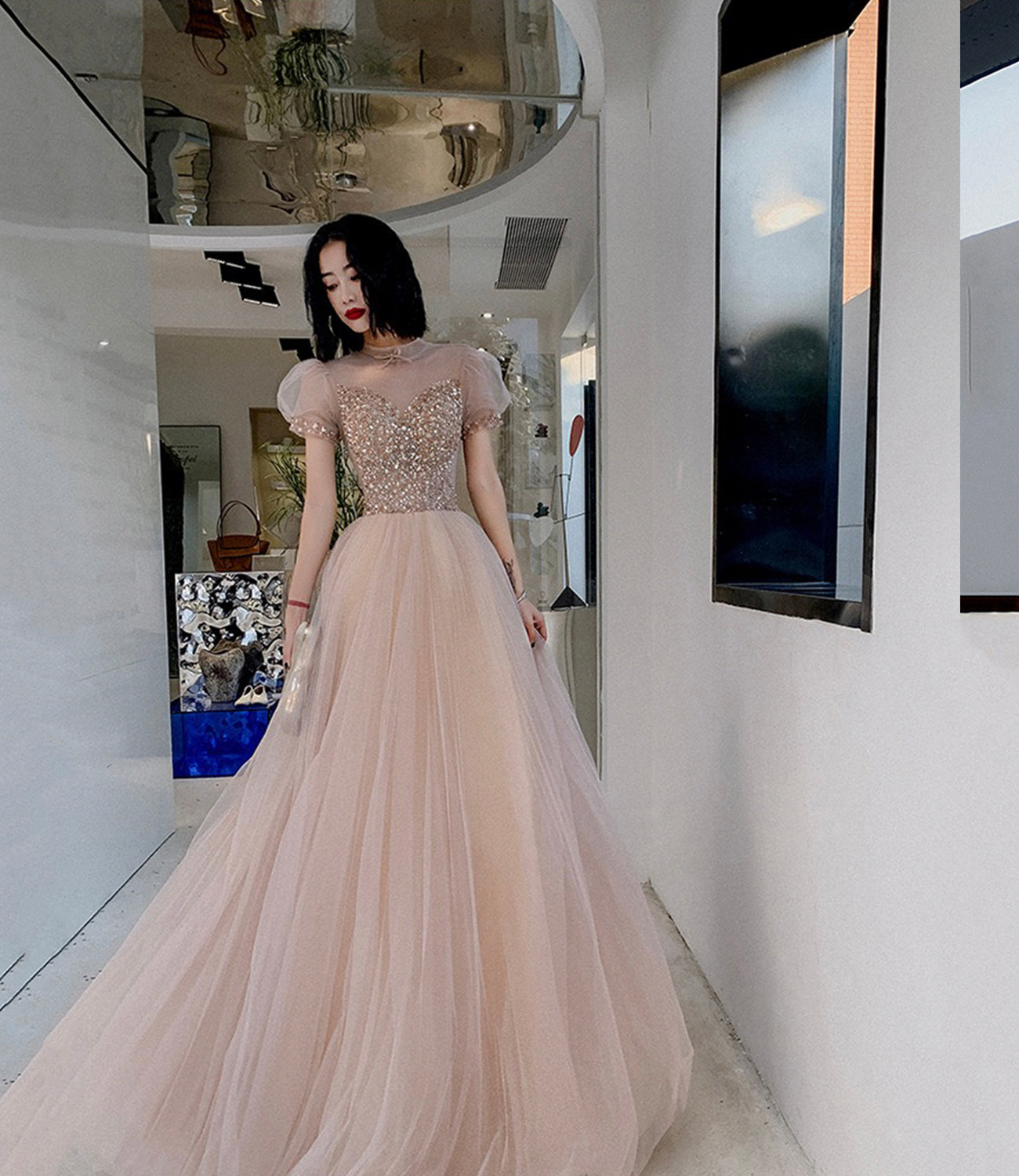 Cute tulle beads long prom dress A line evening gown  10264