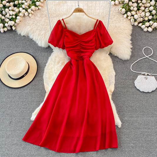 Robe courte mignonne à col en V et coupe trapèze 10920