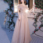 Pink tulle beads long prom dress A line evening dress  10487