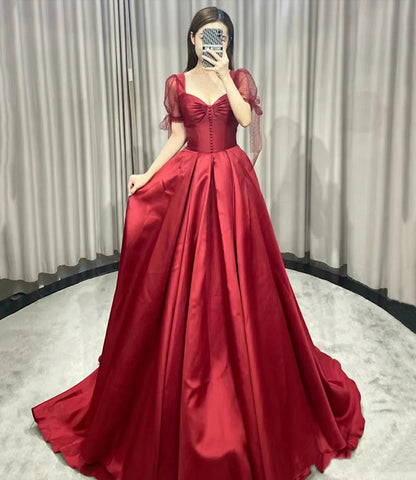 Red satin long prom dress A line evening gown  10354