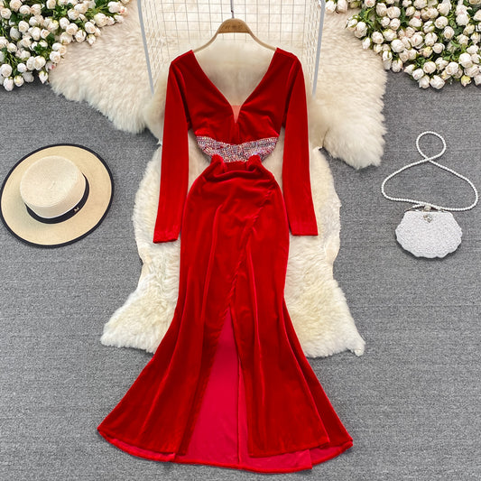 Sexy Samt-Korn-Kleid mit V-Ausschnitt Modekleid 10927