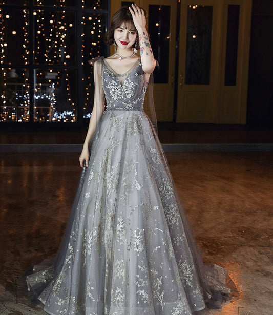 Langes Ballkleid aus grauem Tüll mit Pailletten A-Linie Abendkleid 10436