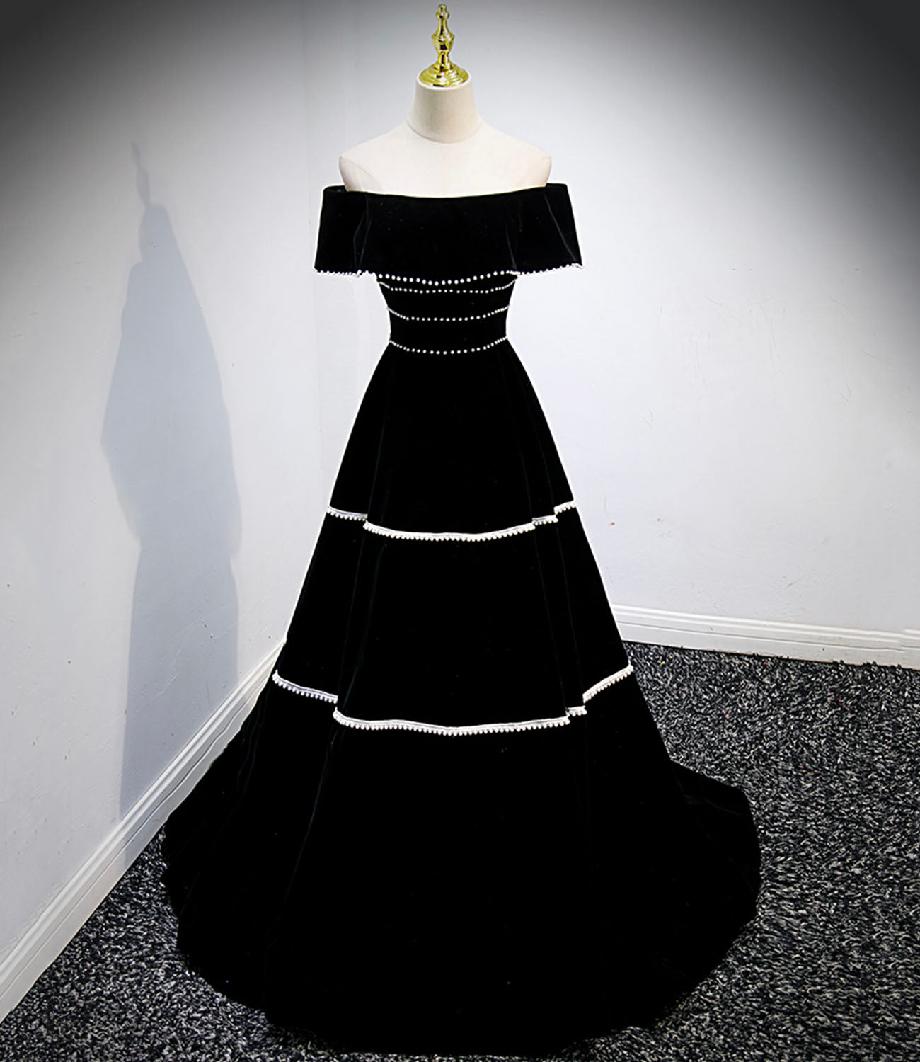 Robe de bal longue en velours noir, robe de soirée noire 10157