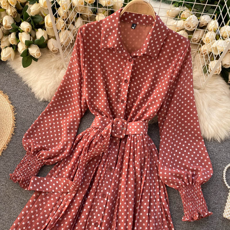 Modisches A-Linien-Tupfen-Langarmkleid Modekleid 10924