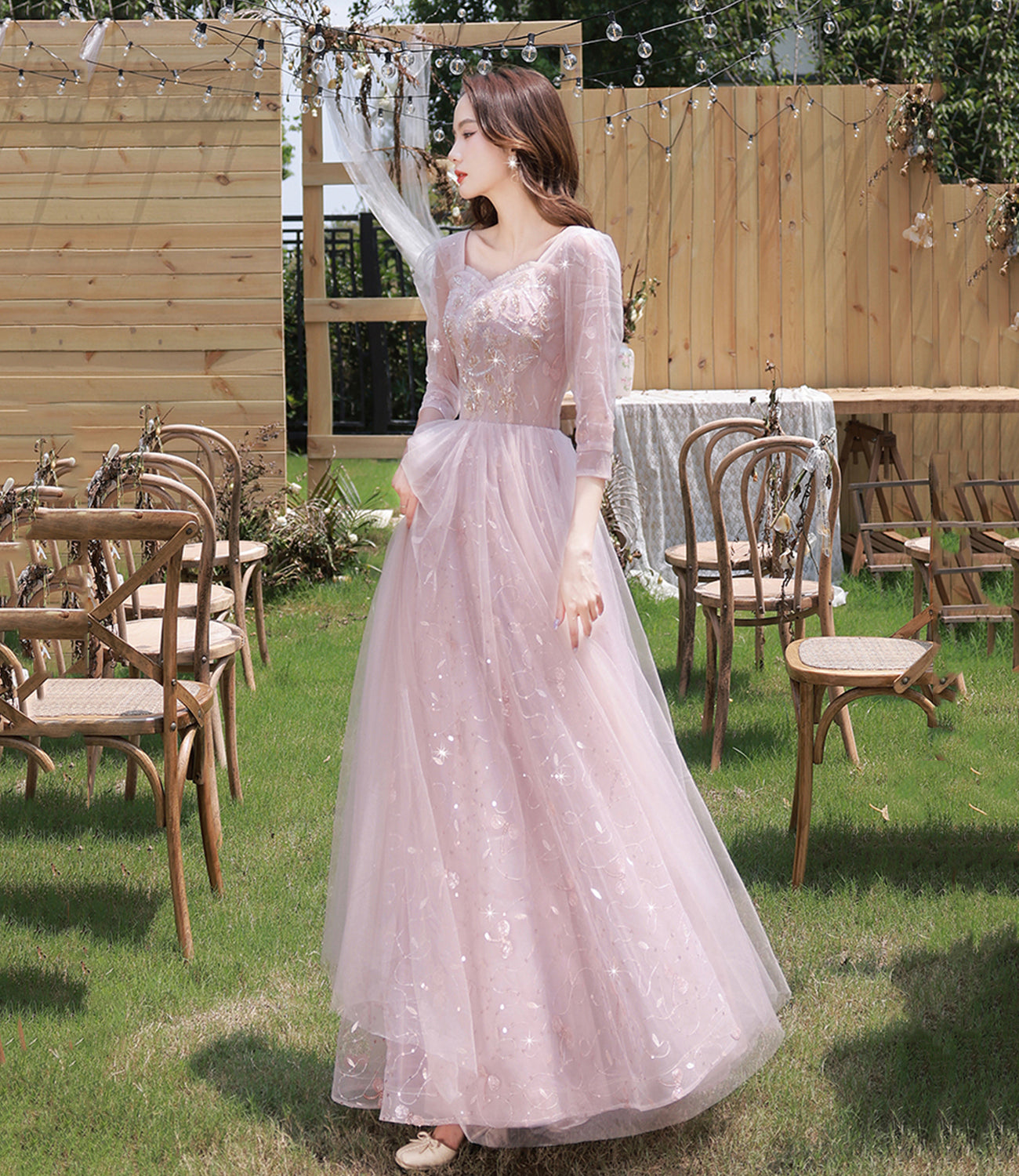 Rosa Tüll Pailletten langes Ballkleid Abendkleid 10362