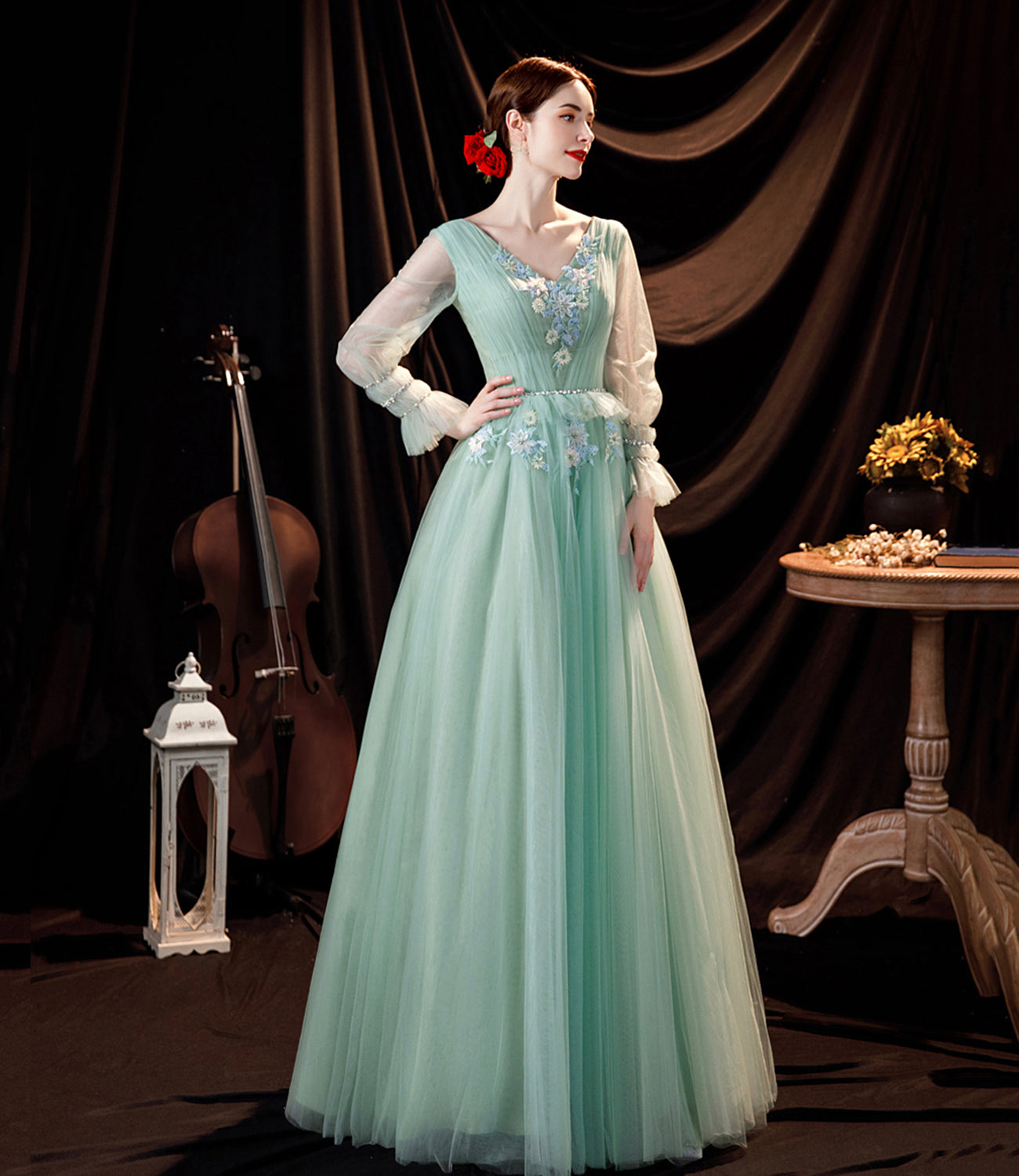 Grünes langes Ballkleid aus Tüll Spitze grünes Abendkleid 10535