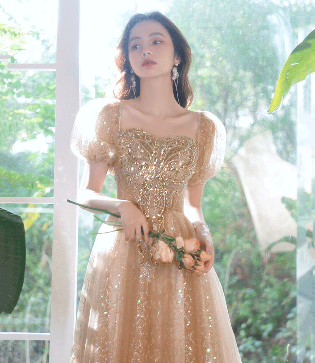 Robe de soirée longue en tulle brillant à paillettes Robe de soirée trapèze 10389