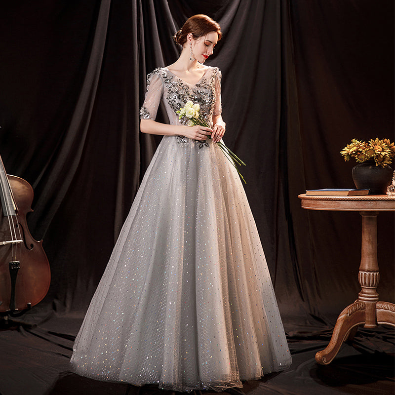 Langes Ballkleid aus grauem Tüll mit Pailletten, formelles Kleid 10147