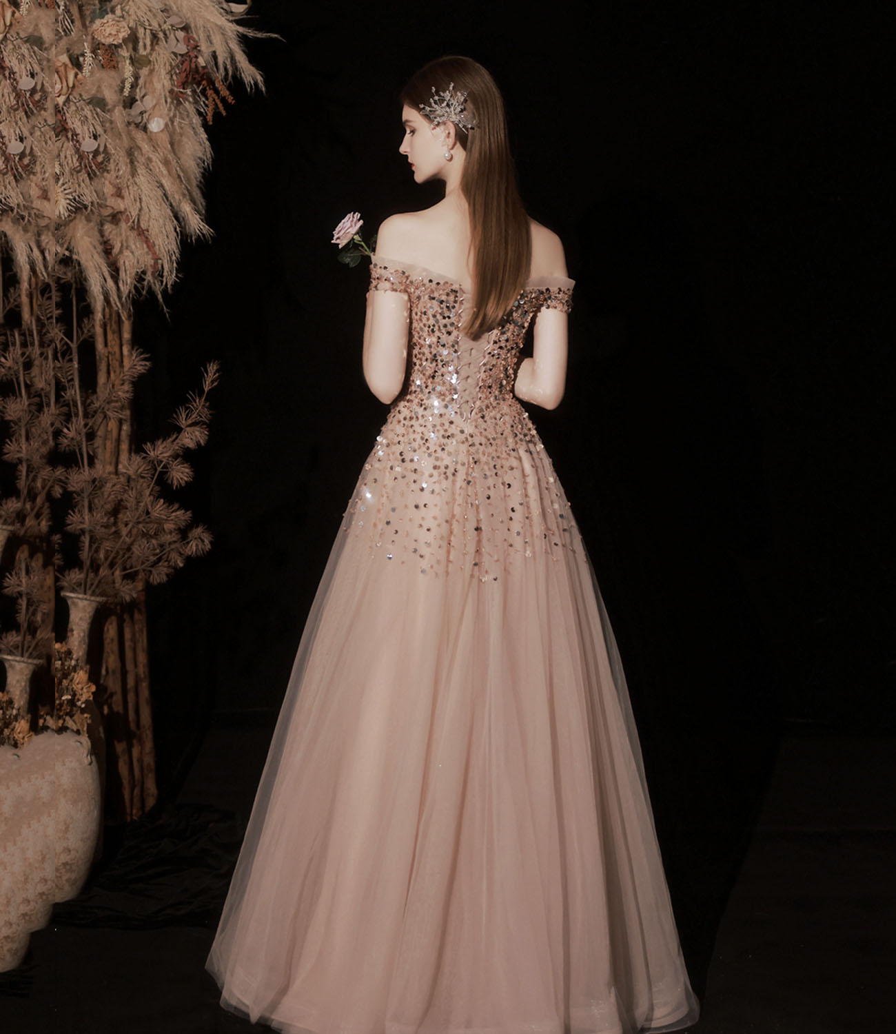 Shiny tulle sequins long prom dress A line evening gown  10415